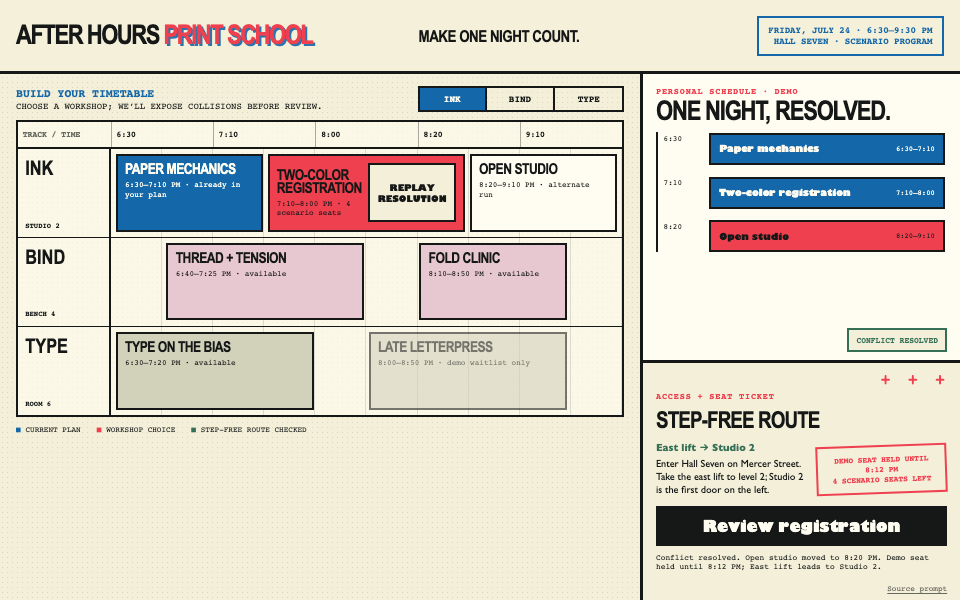 Landing Pages preview for Risograph Night-School Registration Timetable