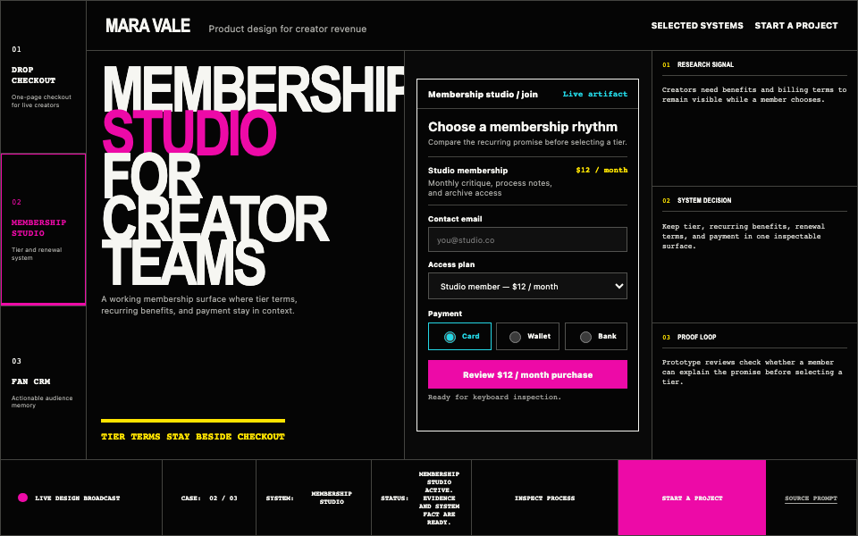 Portfolios and Agencies preview for Kinetic Product-Design Portfolio for Creator Revenue